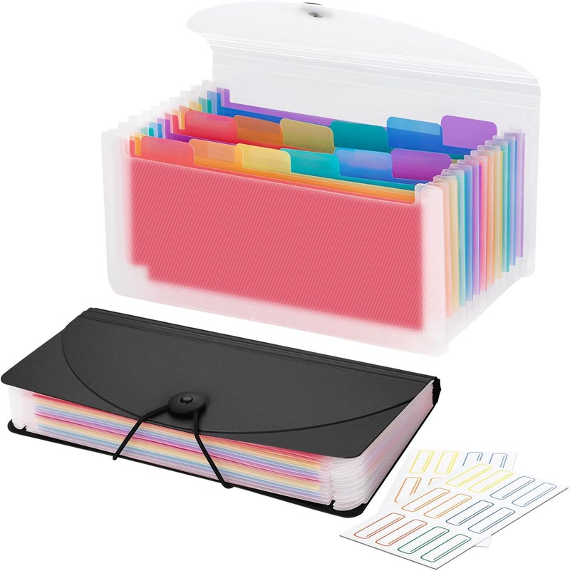 RIEJIN 13 Pocket A6 Receipt Organizer, 2 Pack Small Accordion File Organizer, Coupon Organizer with Labels - Clear and Black - Image 1